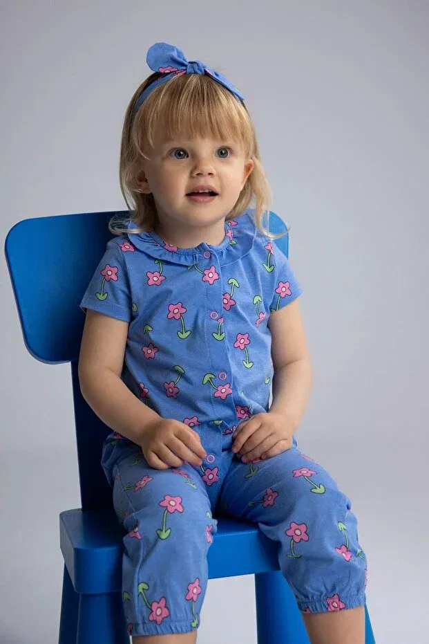 Детский комплект для девочек хлопковый с принтом 2-Piece set floral combed cotton short sleeve romper hairband baby girl newborn e8145a525sm Defacto, Blue-Be194