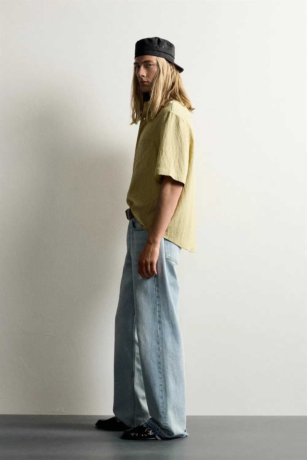 Рубашка свободного кроя в жаккардовую полоску ZARA, Yellow — фото 4
