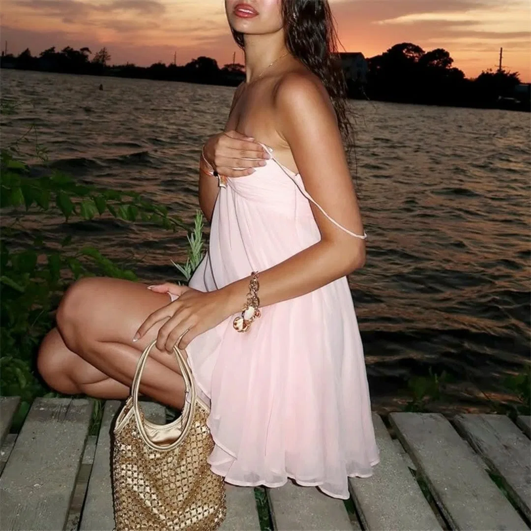 Женское пляжное мини-платье с открытыми плечами, Pink — фото 4