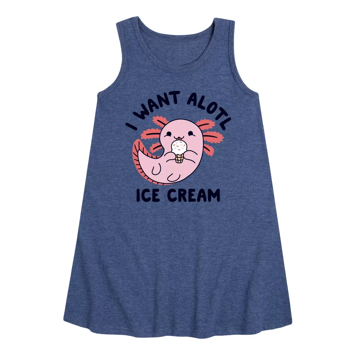 Детское платье-трапеция без рукавов с принтом I Want Alotl Ice Cream Instant Message, Heather Navy