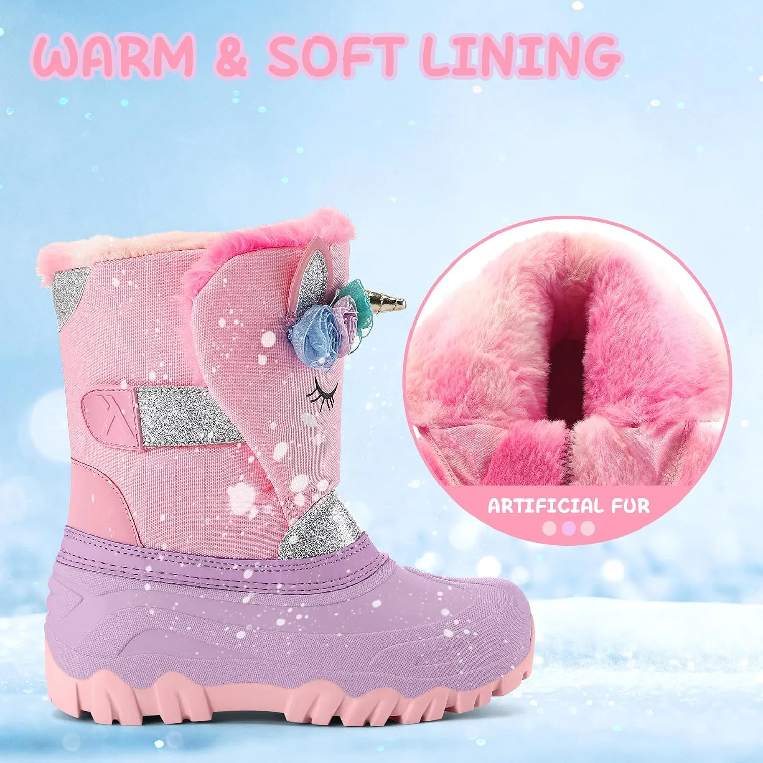 Детские зимние сапоги для девочек с искусственным мехом K KomForme, Pink Unicorn — фото 3