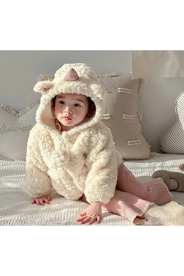 Детское зимнее пальто для девочек плюшевое с принтом Baby Girl Unicorn Winter Seasonal Plush Coat Cute Velvet Lined Melisam.Msg, Ecru — фото 3