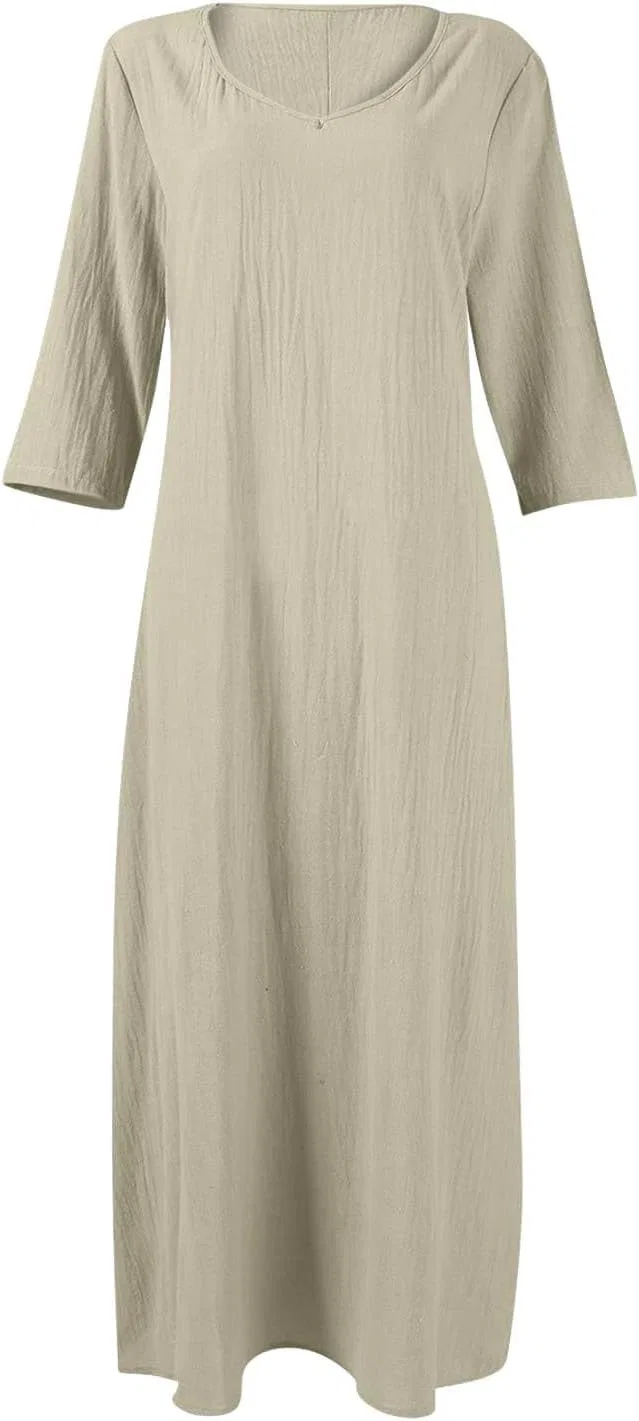 Женское летнее макси-платье богемное с 3/4 рукавом из хлопка и льна, Khaki — фото 4