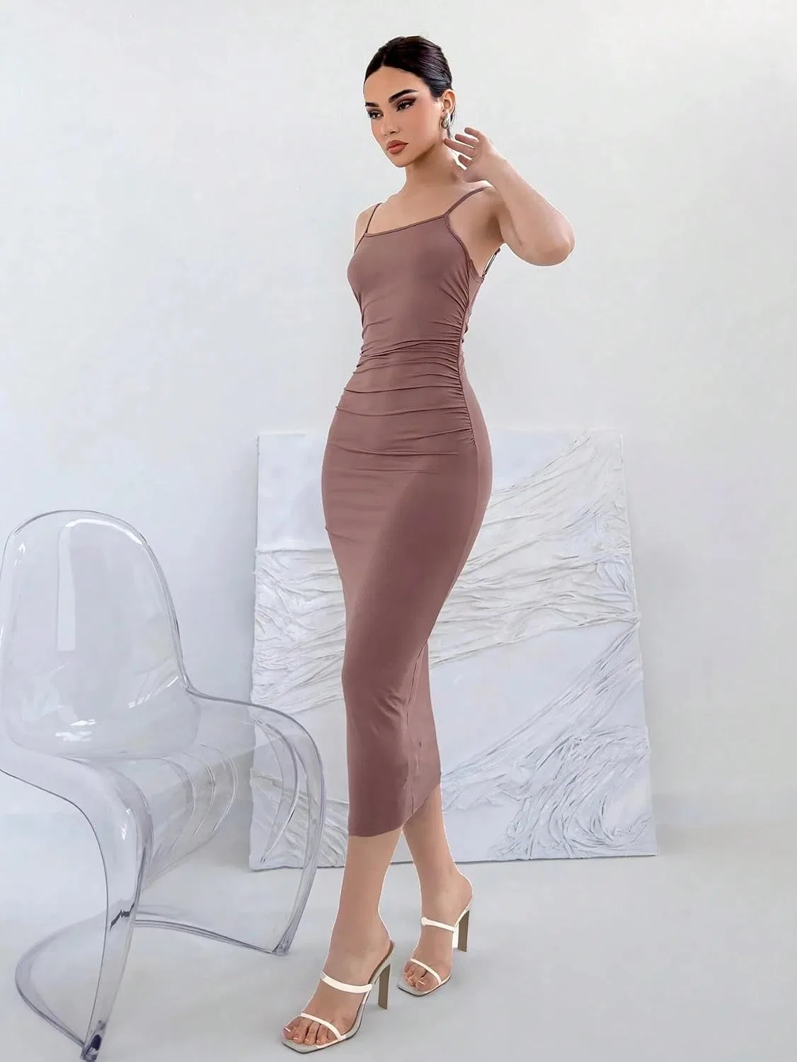 Женское повседневное платье миди на бретелях, Dusty Pink — фото 4