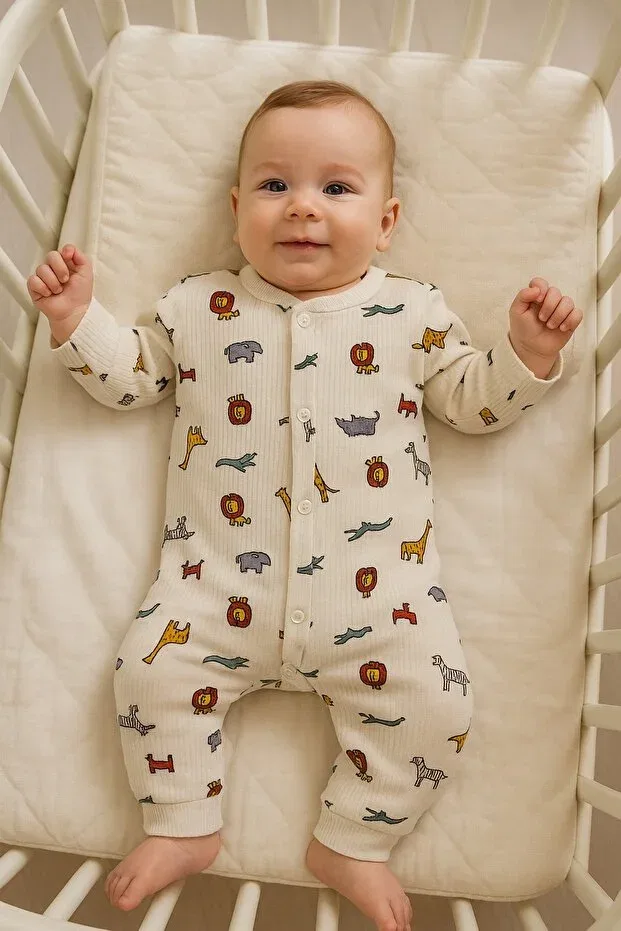 Детское боди-комбинезон для мальчиков с принтом Lion Giraffe Printed Dinamik Çocuk, Ecru Lion Zebra — фото 2