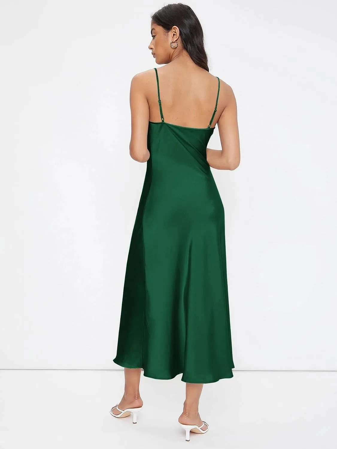 Женское длинное платье на бретельках-спагетти из сатина, Dark Green — фото 2