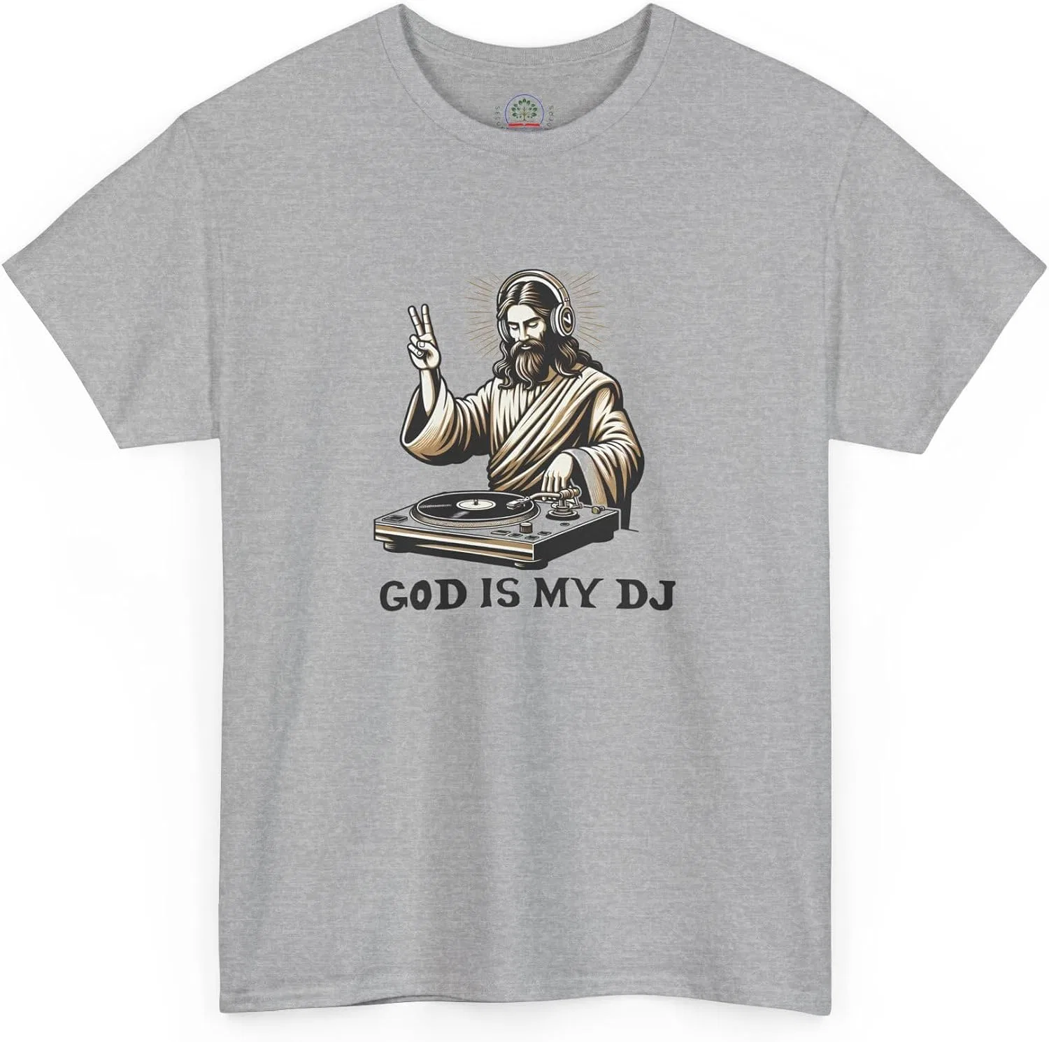 Мужская футболка с принтом God is My DJ, хлопковая, серый меланж — фото 3