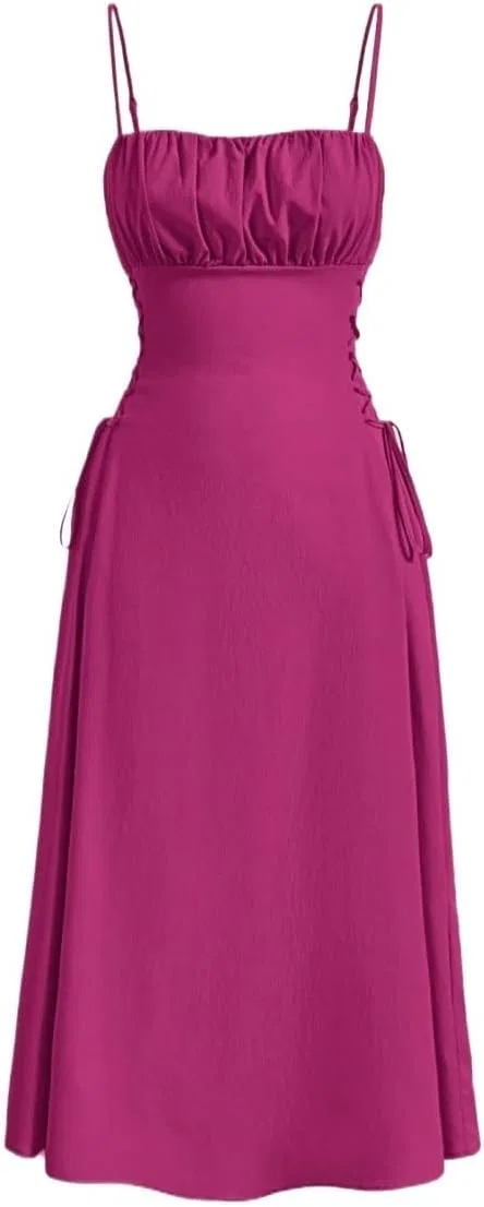 Женское платье миди с открытой спиной на бретелях, Hot Pink