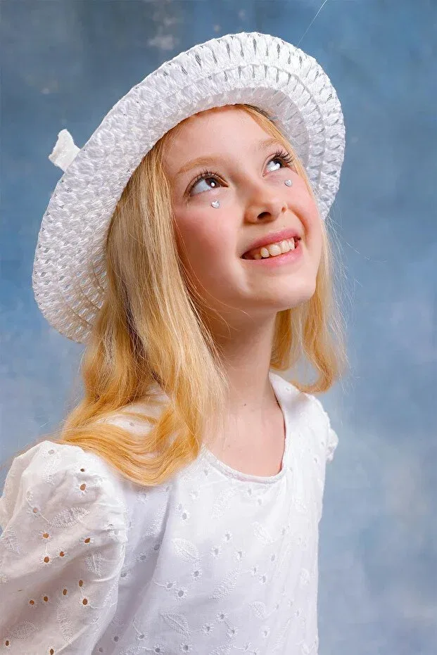 Детское платье для девочек с принтом Leaf Patterned Balloon Sleeve Brode Dress With Hat Perendi, White — фото 4