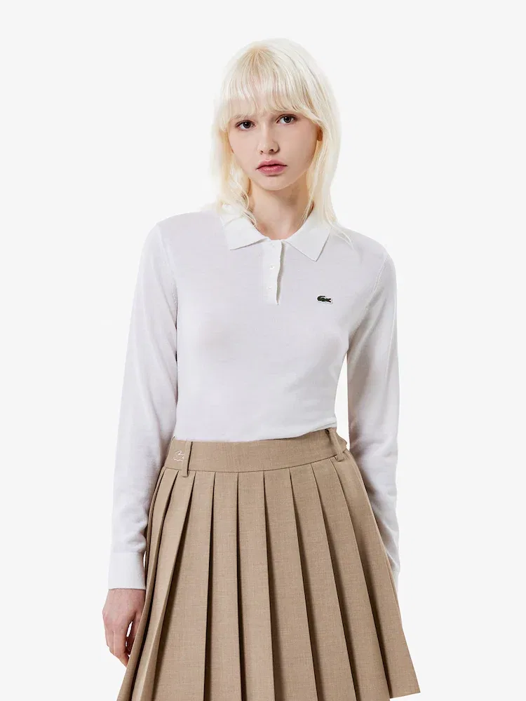 Свитер женский LACOSTE Off White, базовый поло, 100% шерсть