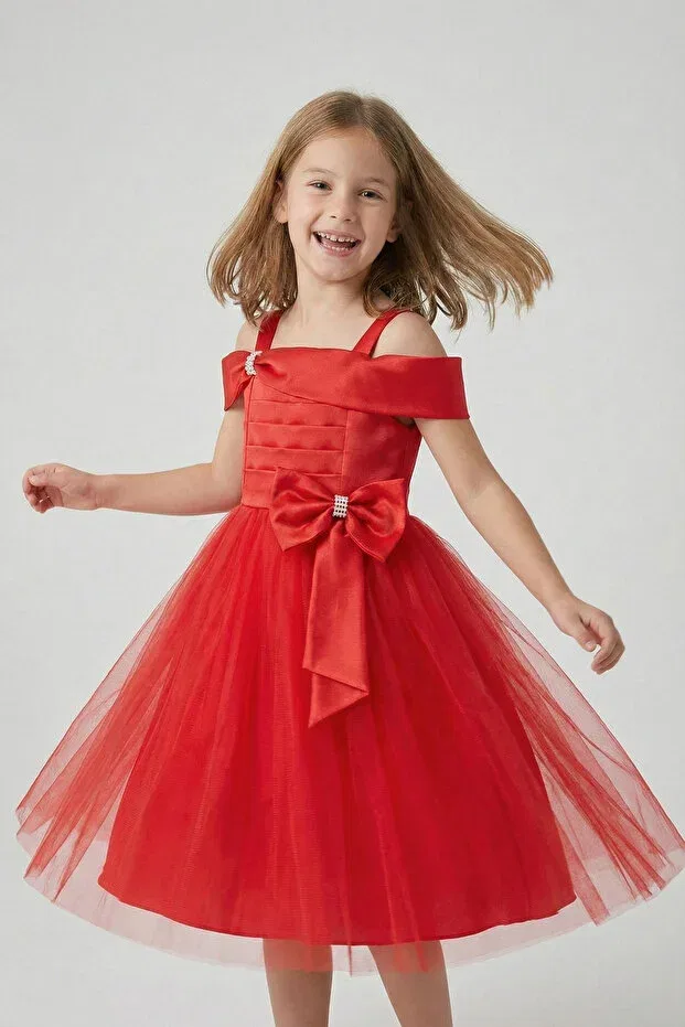 Детское вечернее платье для девочек с принтом, без рукавов, Girl'S Red Satin Tulle Detail Evening Dress With Bow At The Waist, Puffy Model, April 23 Graduation Evening Dress Fatella, Red — фото 2