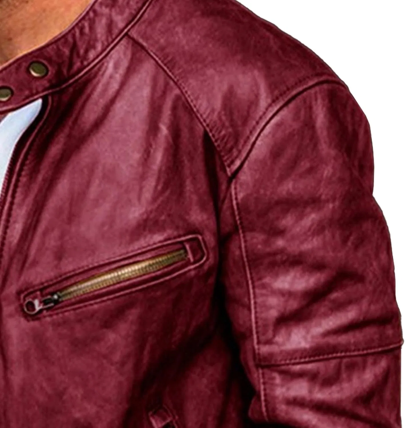 Мужская куртка-косуха из экокожи с воротником-стойкой, Classic Stand Collar Leather Jacket, красный — фото 3