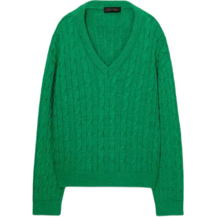Женский трикотажный джемпер с V-образным вырезом, прямого кроя, Green, ZARA