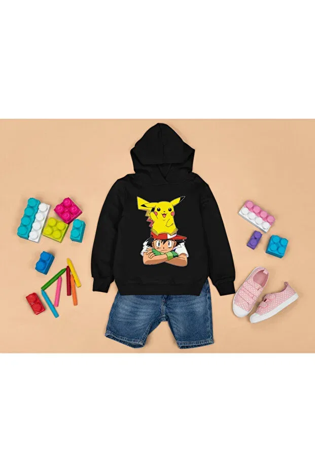 Детское худи для девочек с принтом Ash and Pikachu Printed Hood Magors, Black