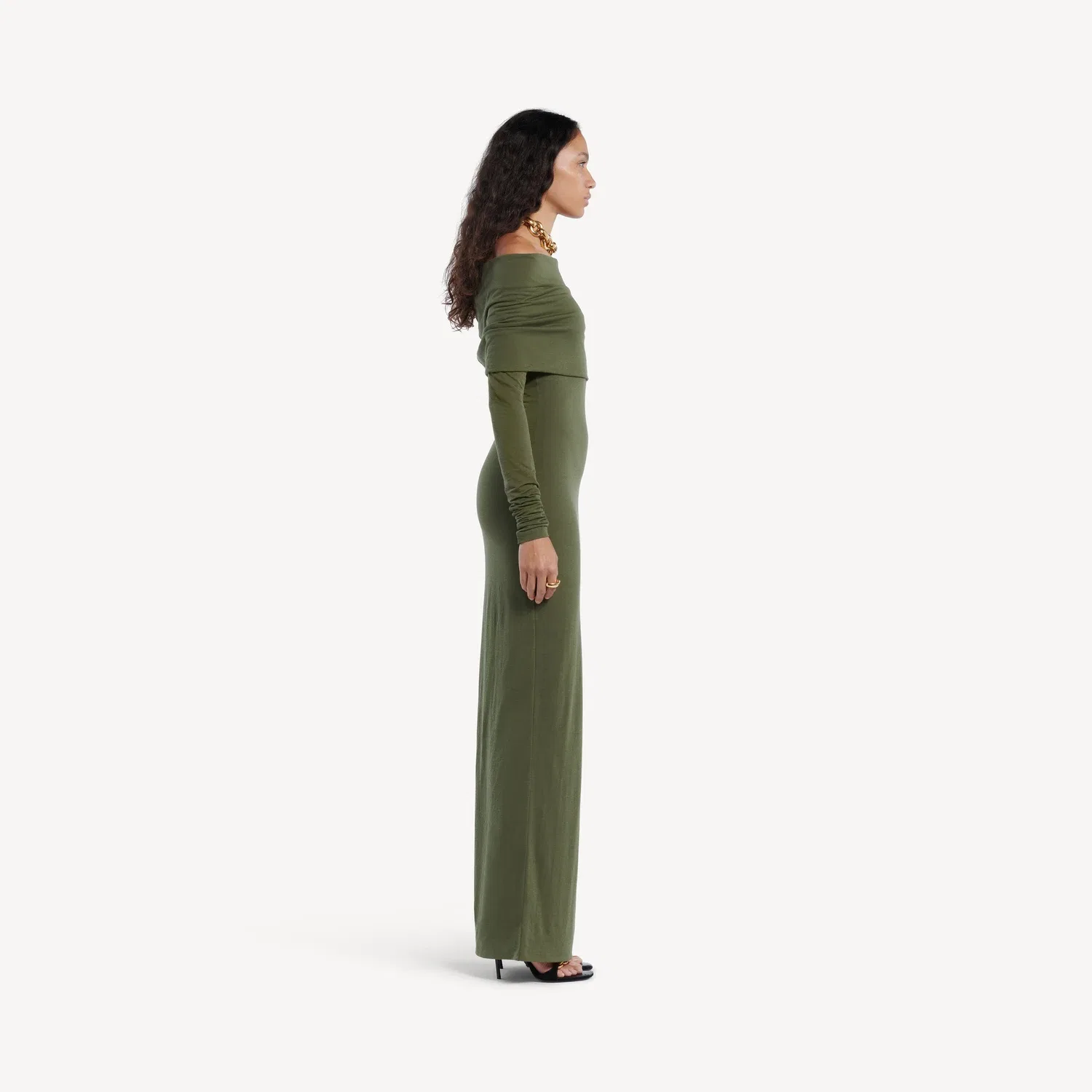Женское платье с длинным рукавом и открытыми плечами цвета Military Green Balenciaga, хаки — фото 3