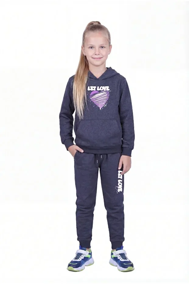 Детский комплект для девочек с принтом Kangaroo pocket hooded love print detailed girls' tracksuit set Panios Kids, Smoke Grey