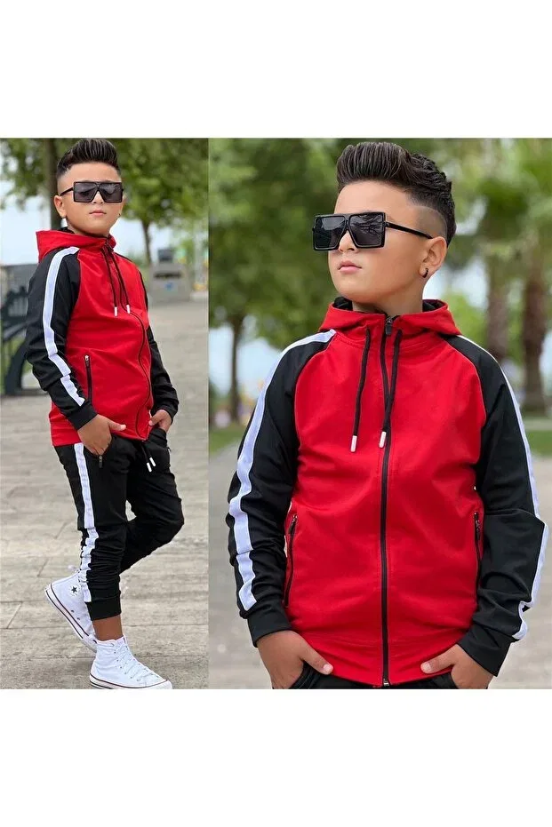 Детский спортивный костюм для мальчиков с принтом Unisex Striped Detail Hooded Kids Tracksuit Set 1903 Zaziko Kids, Красный
