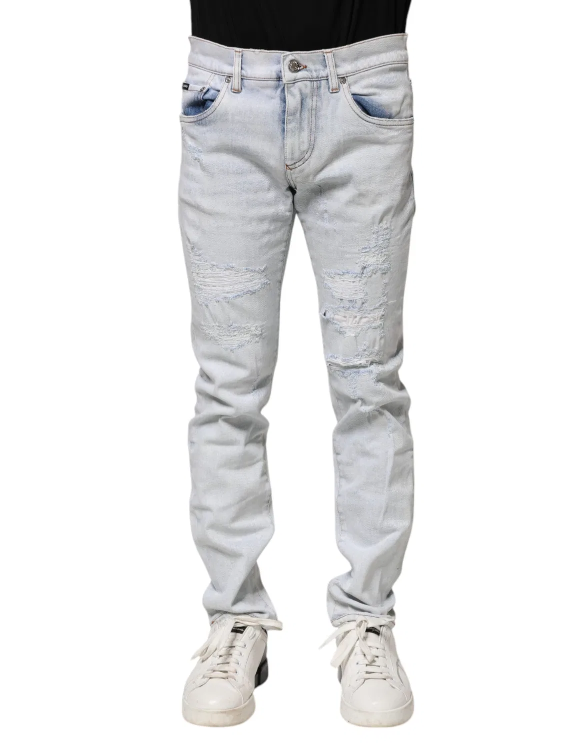 Мужские джинсы скинни с логотипом Light Blue Tattered Skinny Denim Jeans Dolce & Gabbana, Light Blue — фото 2