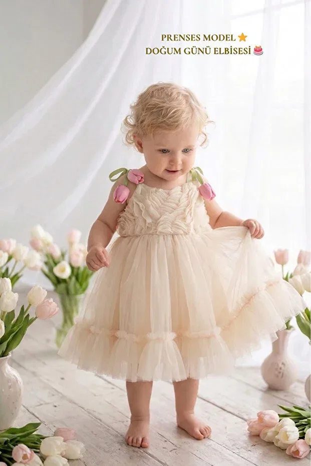 Детское платье для девочек хлопковое 3d floral sling dress Alyra, Nude Color — фото 3
