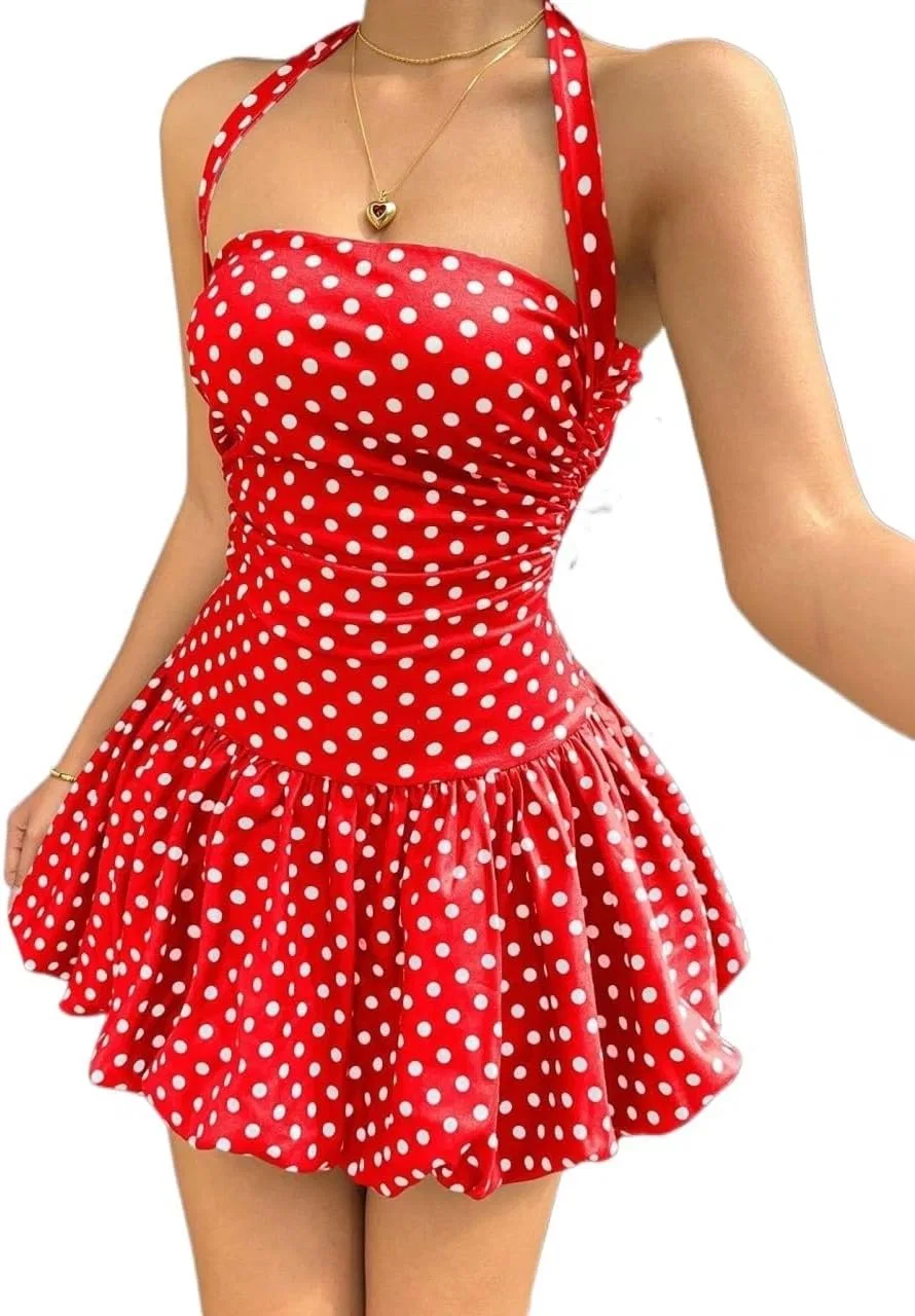 Женское мини-платье с горошком Halter, Red