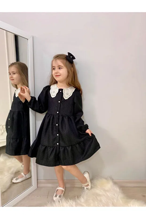 Детское платье для девочек с длинным рукавом Wednesday ready collar vintage Valery, Черный — фото 2