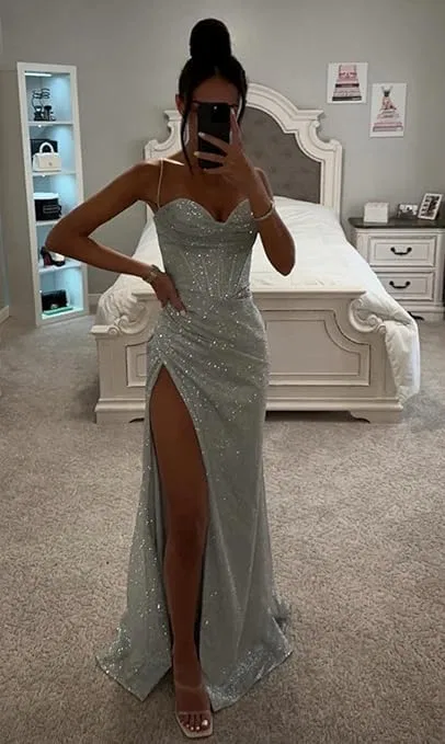 Женское блестящее платье-русалка с корсетом и разрезом, Navy Blue — фото 2