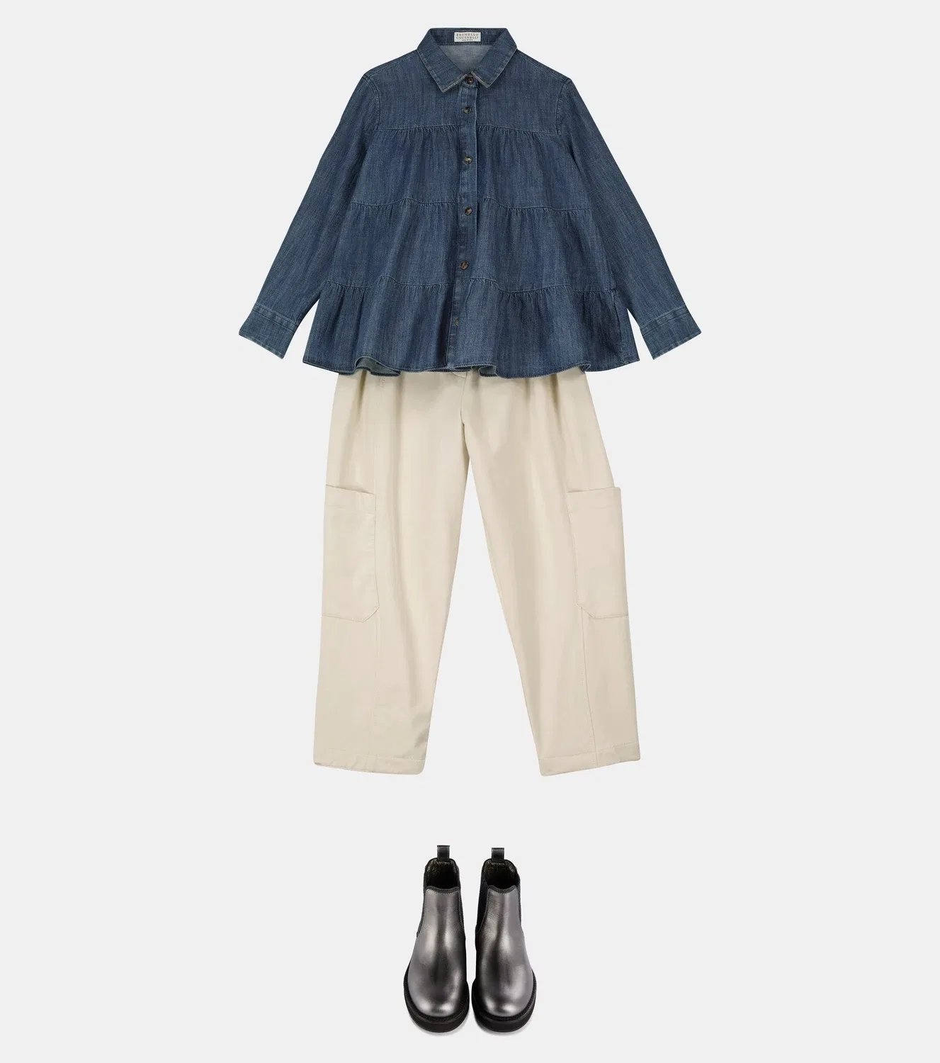 Блузка из денима с многослойным дизайном Brunello Cucinelli Kids, синий — фото 2
