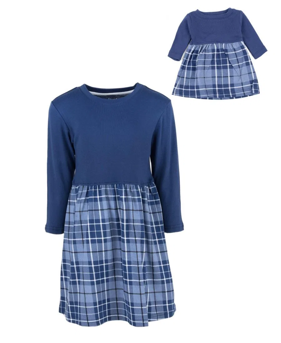 Платье-трапеция с длинным рукавом, из хлопка, с кукольным платьем Leveret, Plaid Navy Blue — фото 3