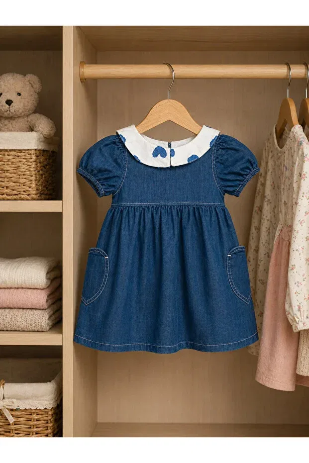 Детское джинсовое платье для девочек с коротким рукавом Girl's heart collar denim dress with buttons and pockets stylish casual jean dress Genel Tr, Navy Blue — фото 2