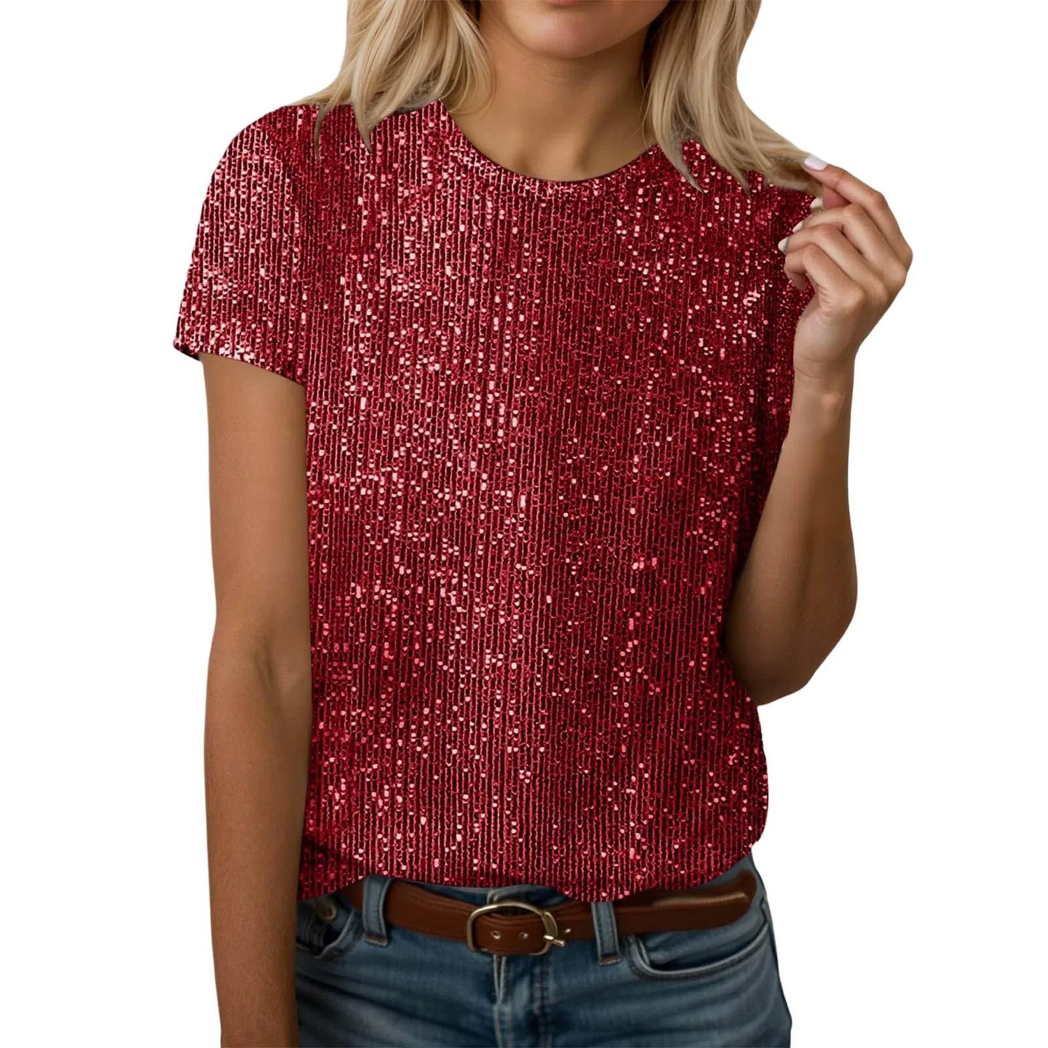 Женский топ с пайетками с коротким рукавом, N01 Wine Red