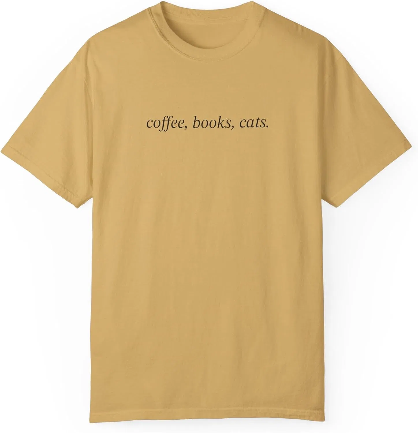 Женская футболка с графическим принтом Coffee Books Cats Comfort Colors, Mustard