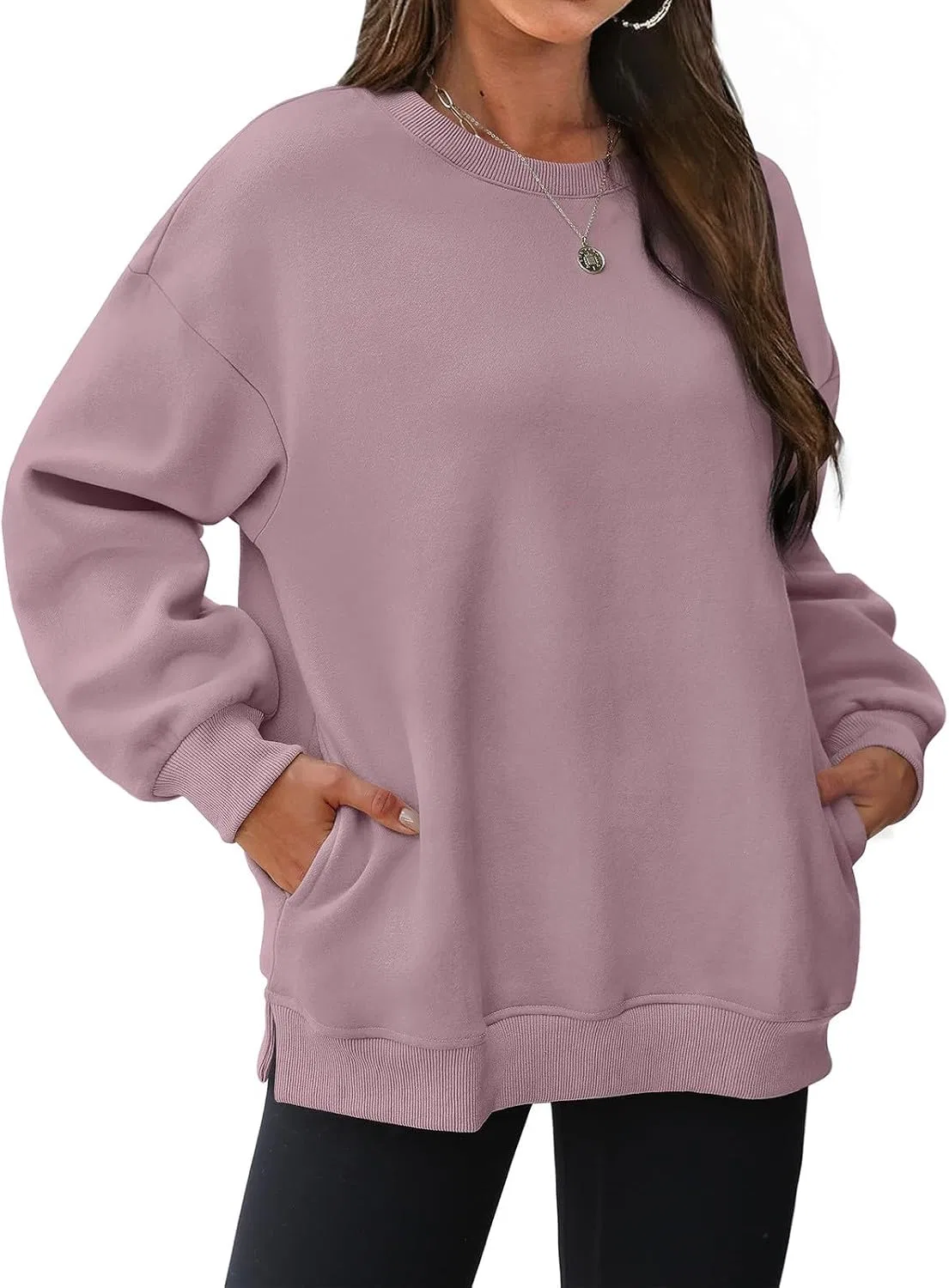 Женский свитшот оверсайз с длинным рукавом, флисовый, с карманом, розовый — фото 2