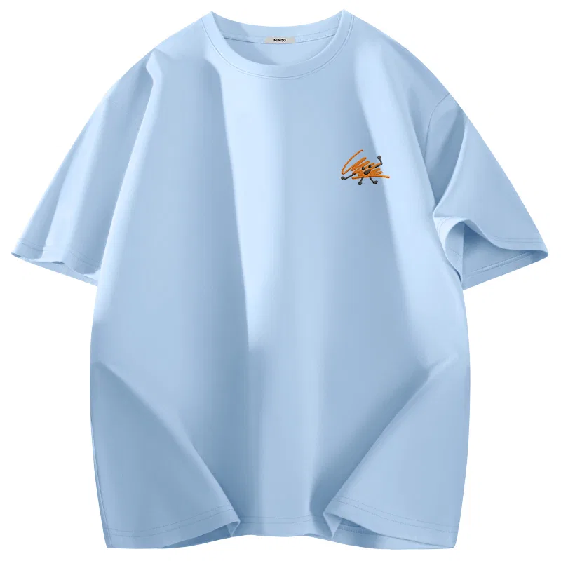 Футболка детская с принтом [Ice Silk Cooling]Light Blue (Ma Orange Velvet Line Chest Logo) MINISO, Light Blue