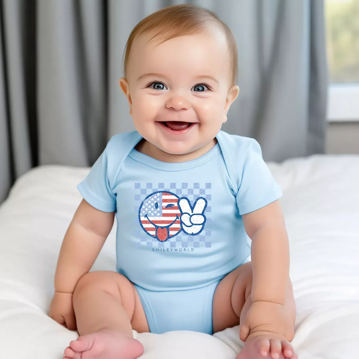 Детское боди для мальчиков с коротким рукавом SmileyWorld Patriotic Checkered Peace The Juniper Shop, Light Blue — фото 3