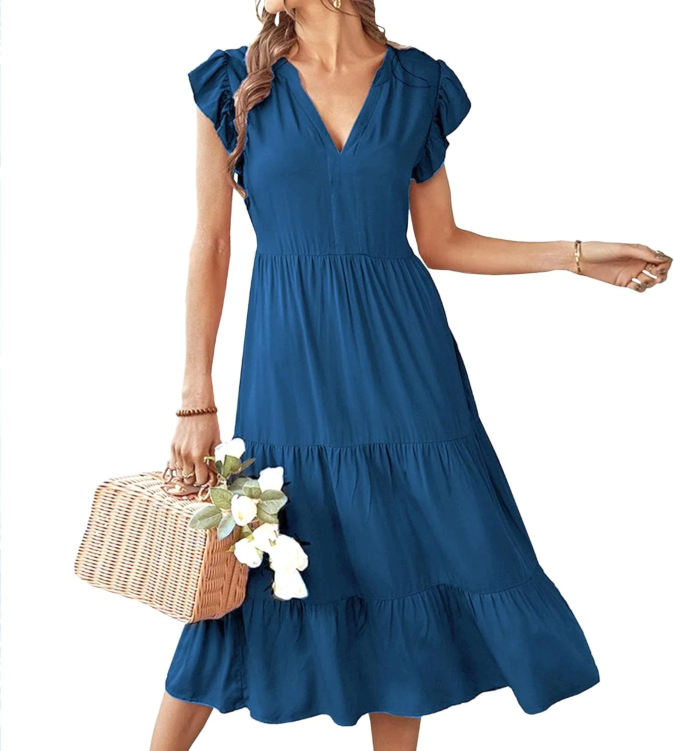 Женское струящееся платье миди с воланами Boho, Blue