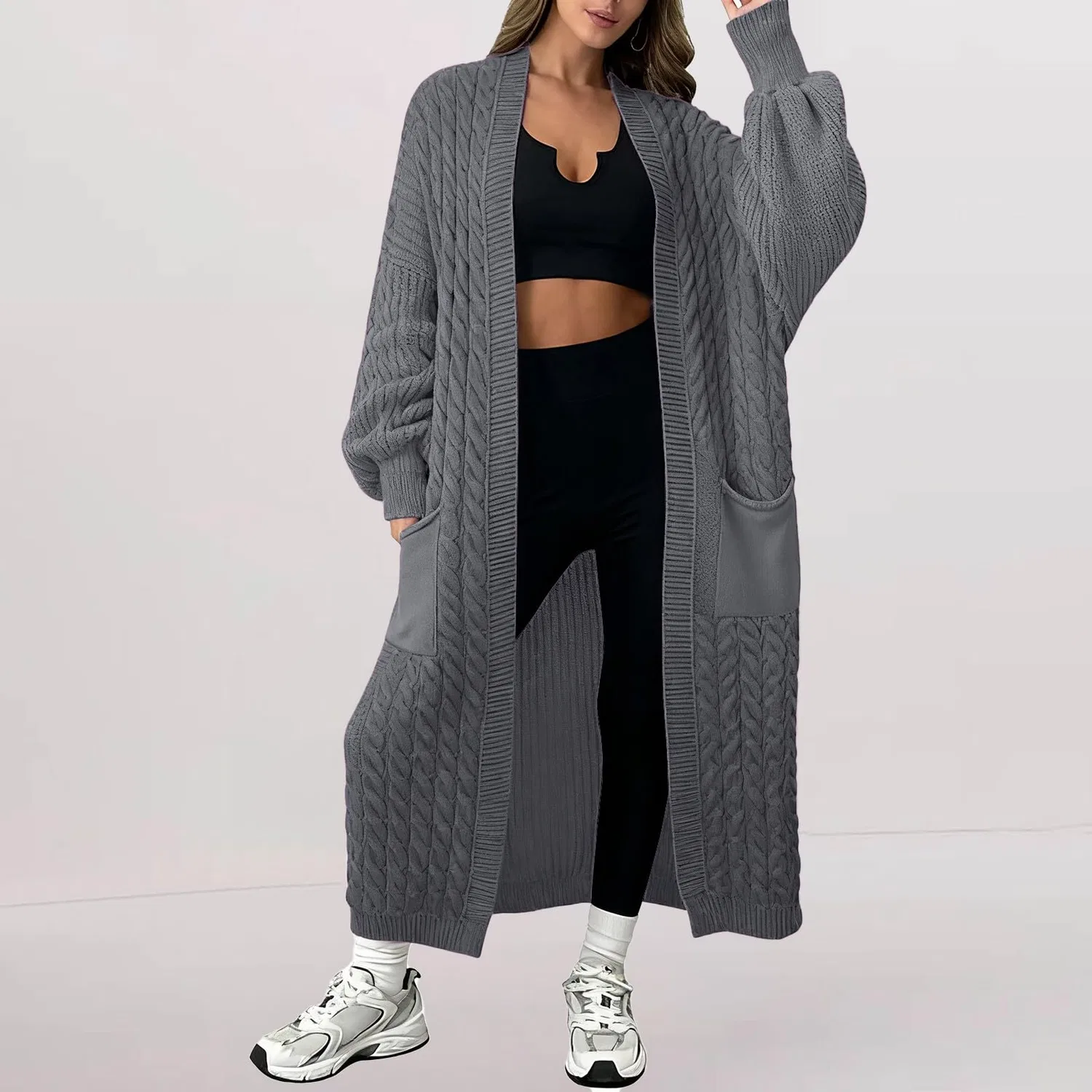 Женский удлиненный кардиган крупной вязки с карманами Plian Elegant Open Front Coat, Grigio — фото 2