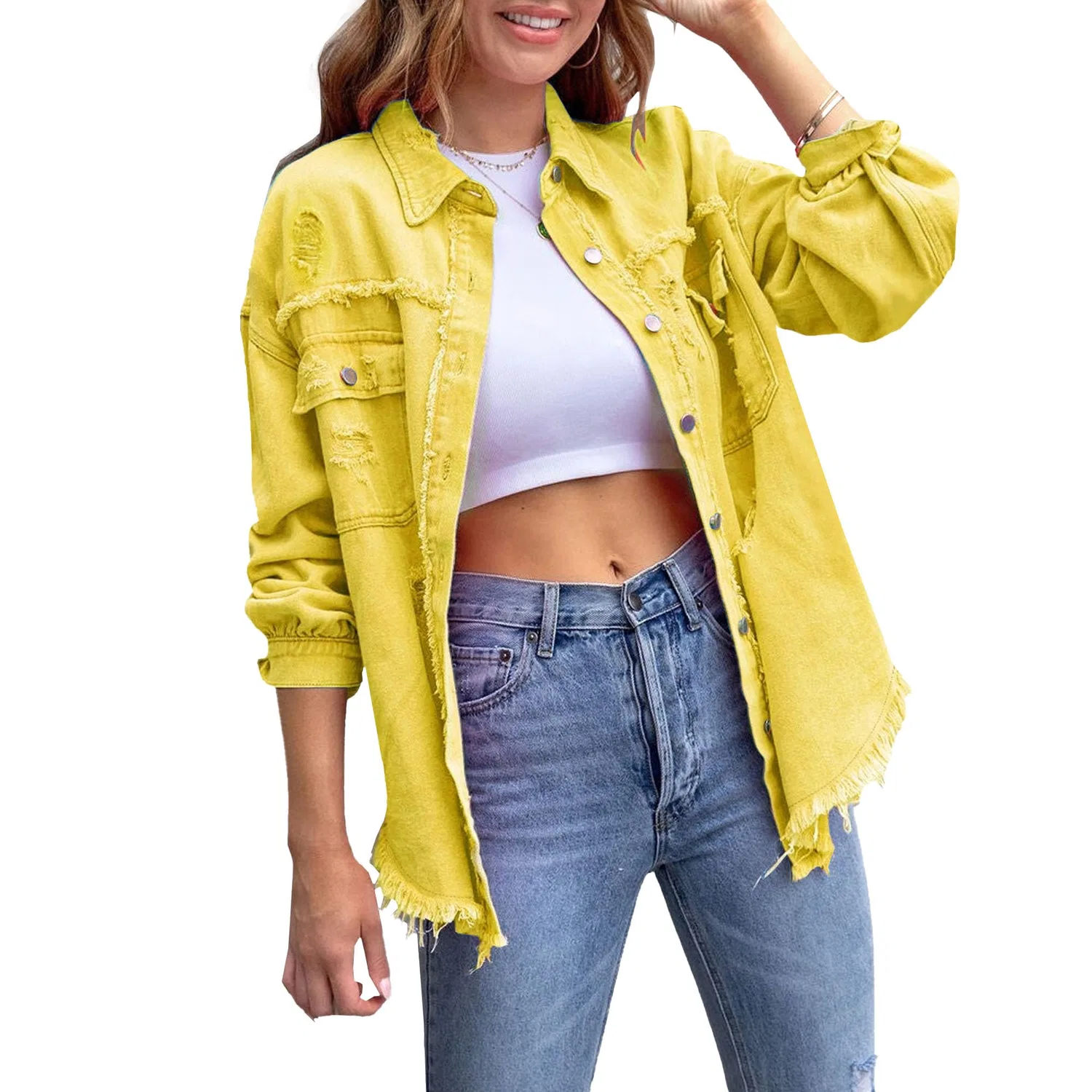 Женская джинсовая куртка oversize с длинным рукавом, модель shacket, Giallo