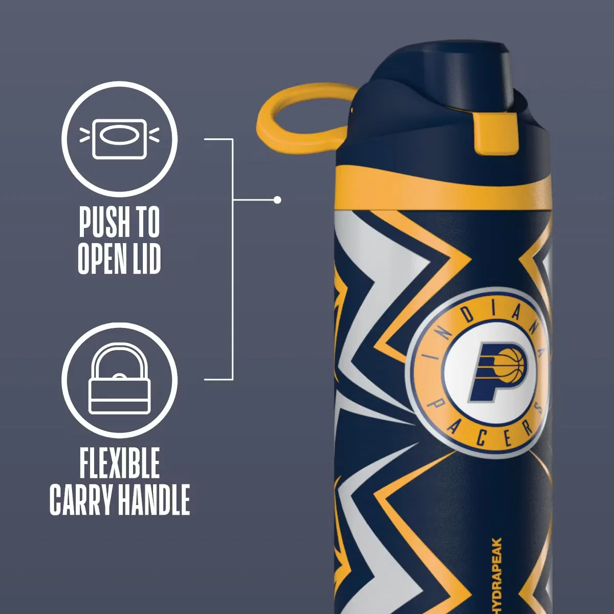 Детская бутылка для воды 20 унций (591 мл) с кнопочной крышкой HydraPeak x NBA Indiana Pacers Oasis HydraPeak, Indiana Pacers — фото 4