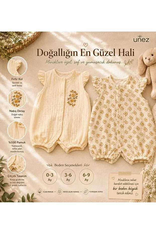 Детский комбинезон для девочек хлопковый 2-предметный набор 2. Unez Baby Girl Muslin Jumpsuit Set Ruffle Sleeve Cotton Summer Bambino, Beige — фото 2