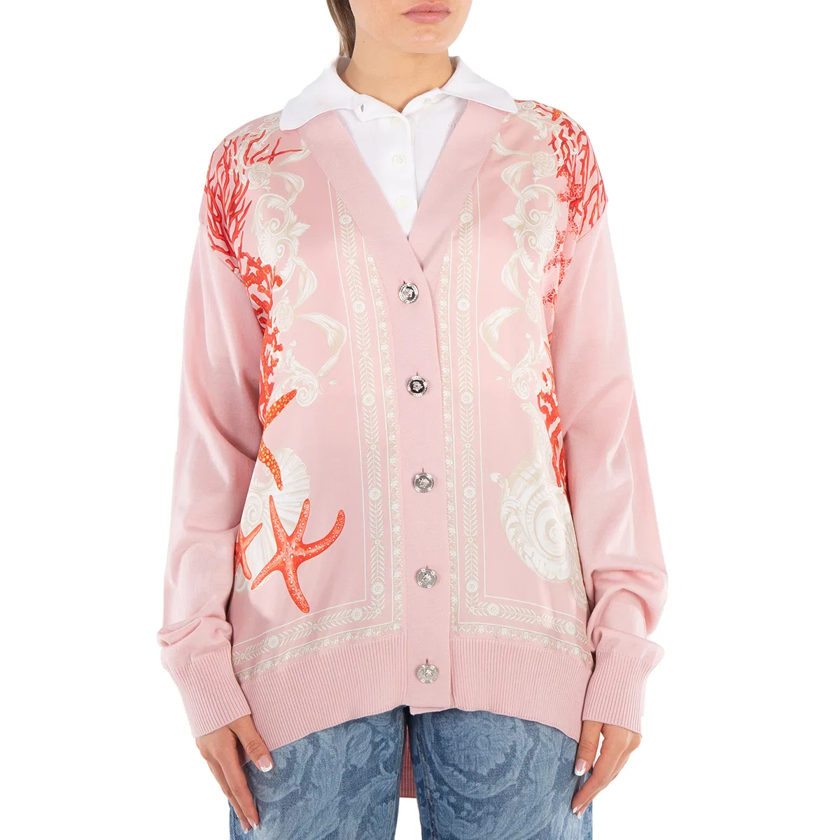 Кардиган с V-образным вырезом и принтом Barocco Sea Versace, Dusty Rose/Coral/Bone