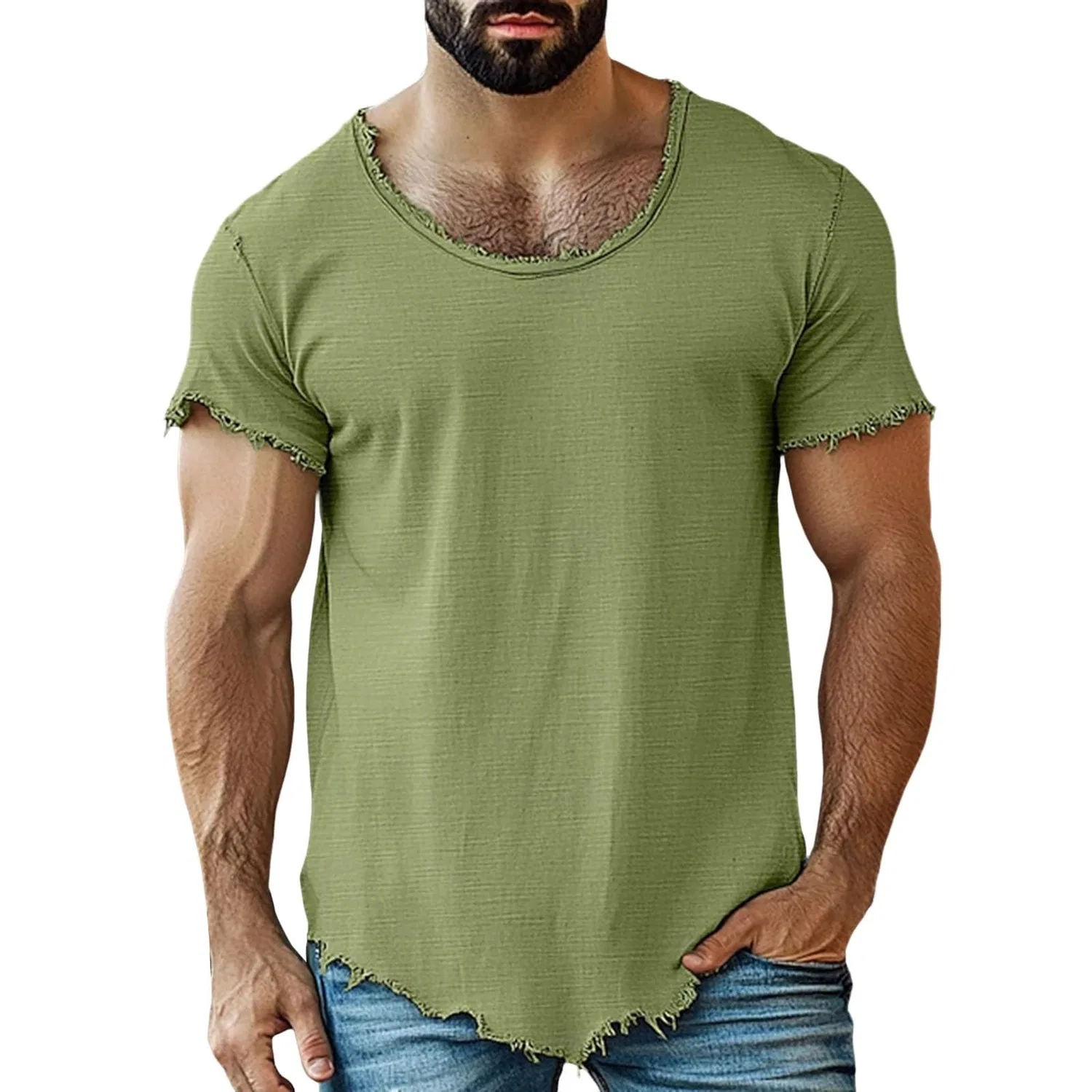 Мужская футболка с коротким рукавом из хлопка и льна, #M Verde