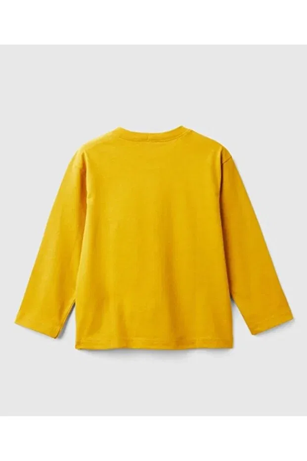 Детская футболка для мальчиков с принтом Benetton baby boy tractor print long sleeve t-shirt 1-6 years mustard United Colors Of Benetton, Hardal — фото 2
