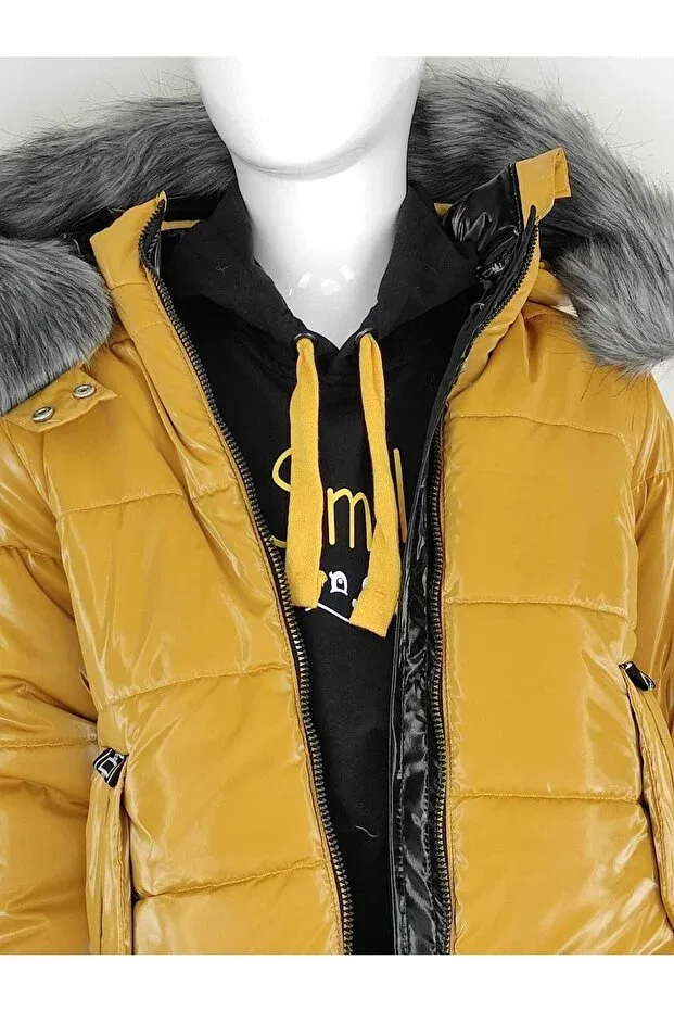 Детское пальто для девочек утепленное с капюшоном из флиса Midimod Gold, Hardal — фото 3