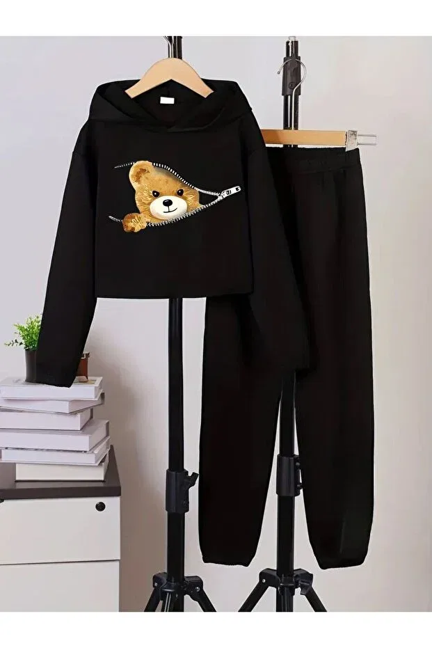 Детский комплект для девочек с принтом Teddy Bear Printed Sweat Crop & Elastic Bottom Girls' Tracksuit Set Cm Buseyiz, Black