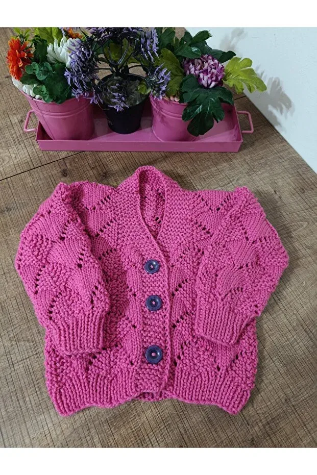 Детский кардиган для девочек вязаный Hand Knitted Kids Cardigan El Örgüsü Cici Bebe, Fuchsia Color