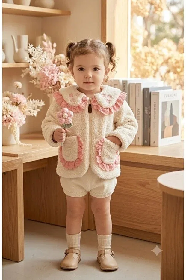 Детская куртка для девочек с вышивкой и кружевным воротником Park Bebe, Ecru