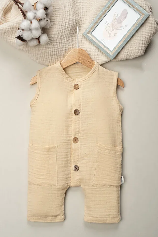 Детский комбинезон для девочек хлопковый Organic Muslin Summer Natural Baby Jumpsuit With Pockets Mai Perla, Nude Color — фото 3