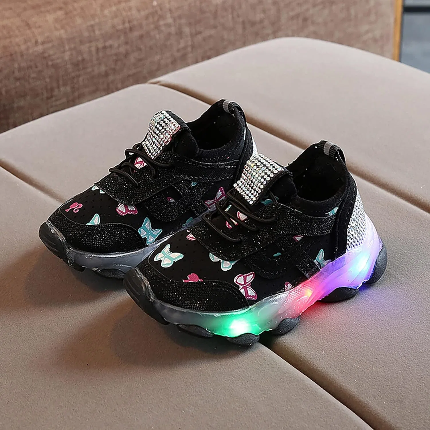 Детские кроссовки для девочек с принтом бабочки и светодиодной подсветкой, Black — фото 4