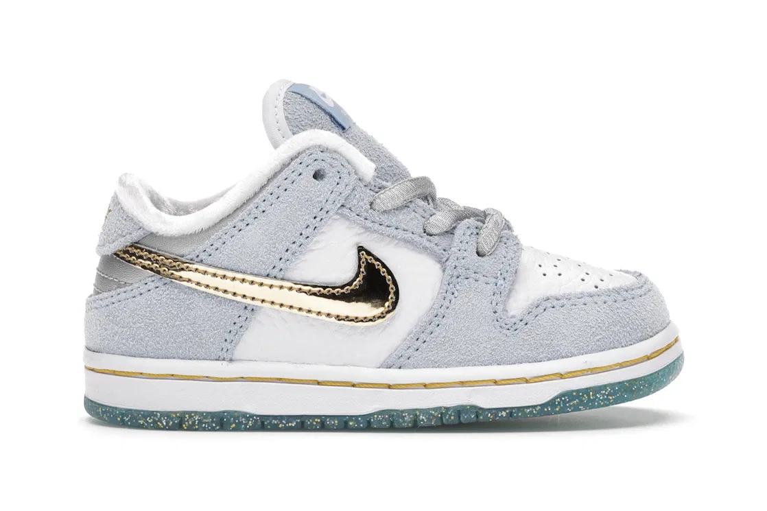 Детские кроссовки для мальчиков и девочек с принтом Nike SB Dunk Low Sean Cliver Nike, Ice Blue/White-Metallic Gold-Metallic Silver
