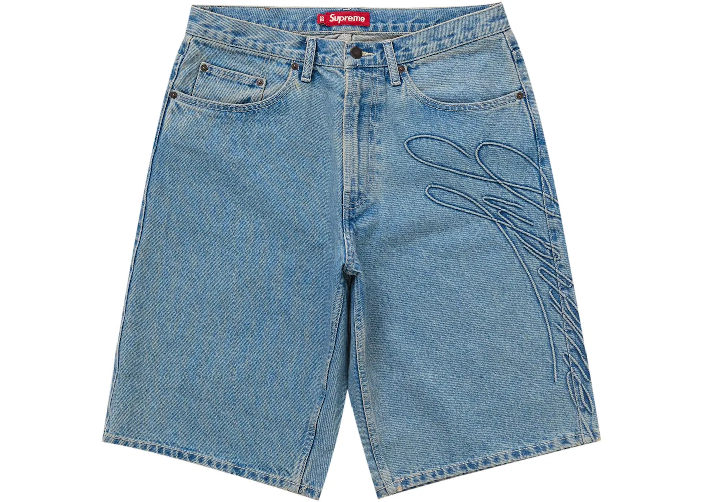 Мужские шорты из денима свободного кроя с тиснением Supreme, Washed Indigo